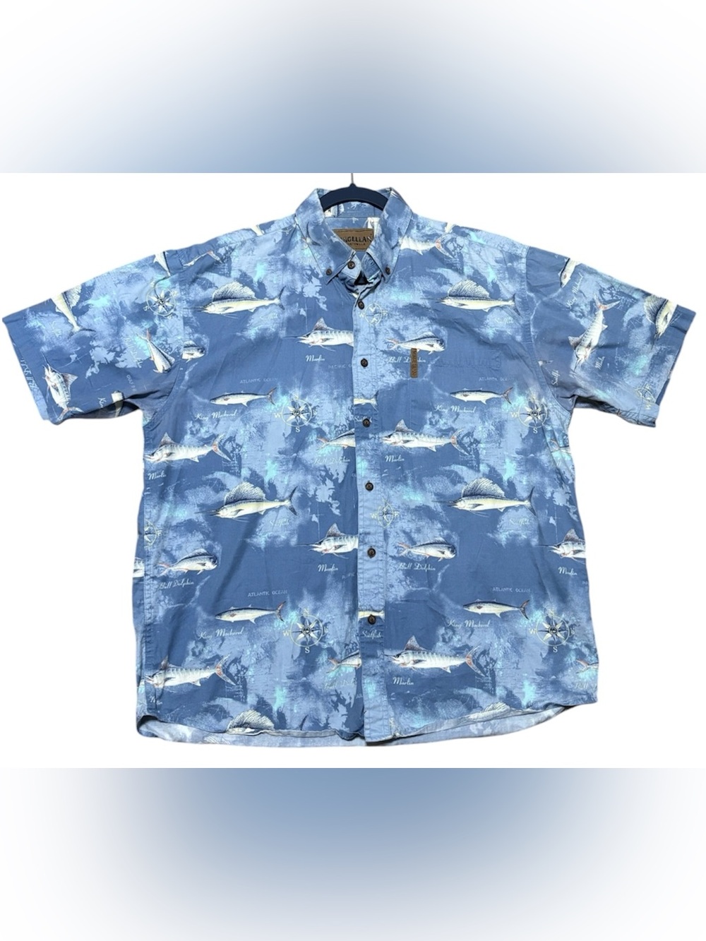 Magellan Sportswear Blue Fish Compass Print Short Sleeve Button Down Shirt Large